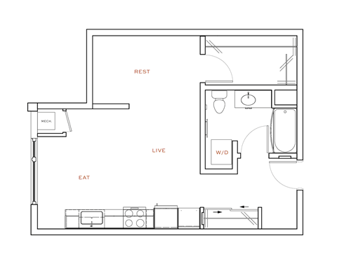 Floor plan for studio, 1 bath, 574 sqft